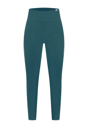 Tummansinisiä legginssejä, joissa on korkea, ribattu vyötärö, sileä pinta ja napakka muotoilu. Ei näkyviä kuvioita tai varusteita.