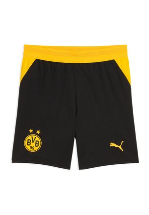 Sort og gule sportsshorts med gul elastisk linning, Borussia Dortmund-logo på venstre ben og gult Puma-logo på højre ben.
