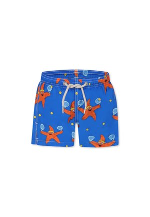 Pantaloni da bagno blu con stampa a tutto campo di stelle marine arancioni che tengono racchette da tennis, presentano una vita con coulisse e una texture liscia.