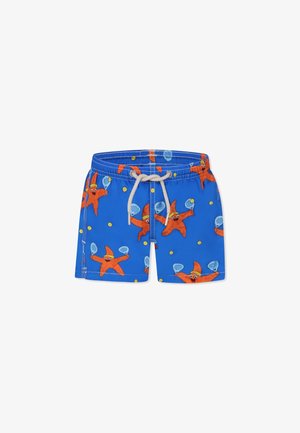 Bañador azul con un estampado de estrellas de mar naranjas sosteniendo raquetas de tenis, con una cinturilla ajustable y una textura suave.