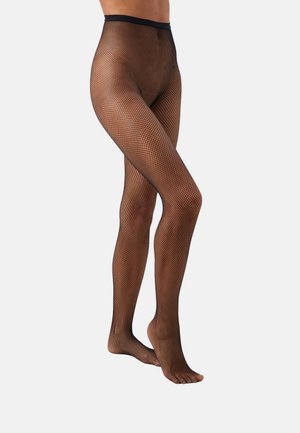 Zwarte visnetpanty's met een hoge tailleband, voorzien van een ruitpatroon en een transparante textuur, ontworpen om de benen volledig te bedekken.