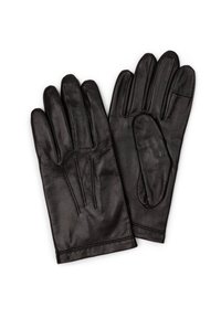 Black leather gloves featuring a smooth texture, straight stitched seams, and three raised lines on the back for design detail.