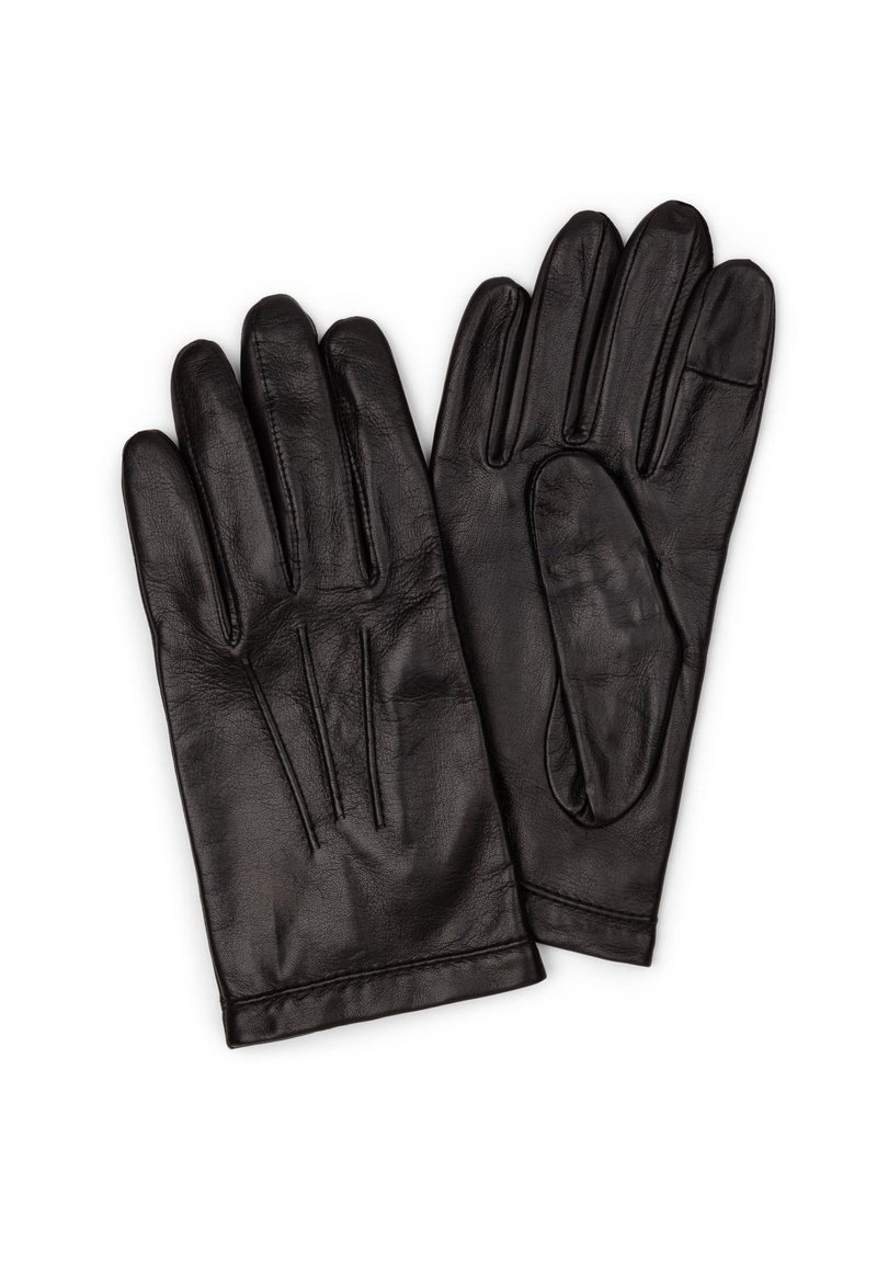 Black leather gloves featuring a smooth texture, straight stitched seams, and three raised lines on the back for design detail.