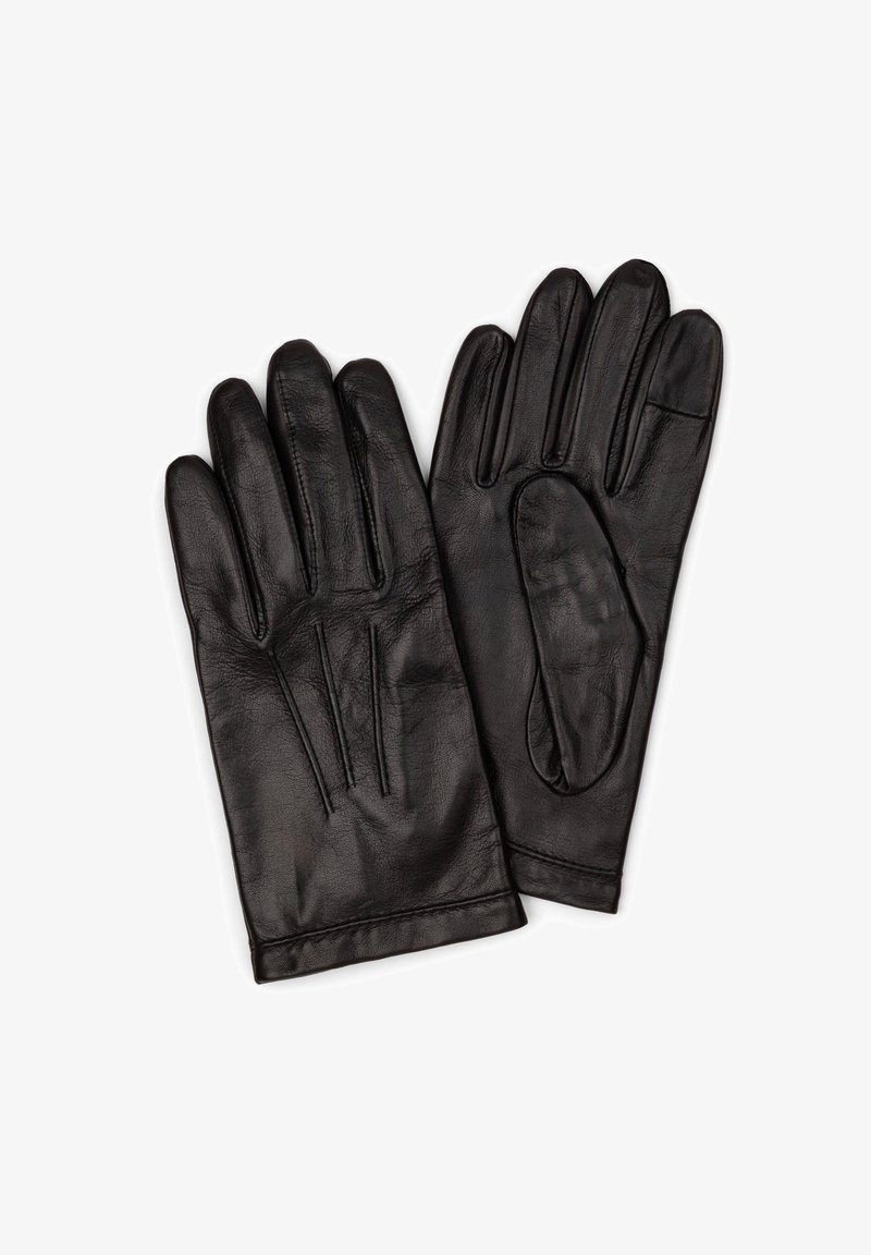 Gants en cuir noir avec une texture lisse, des coutures droites et trois lignes surélevées au dos pour le détail de design.