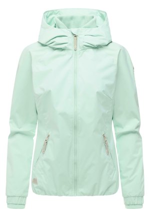 Lyst mintgrønn hettejakke med frontglidelås og to glidelåslommer på sidene, elastiske mansjetter og innsvingt midje.