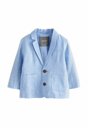Blazer bleu clair pour tout-petit avec deux boutons marron, deux poches plaquées à l'avant et un col à revers cranté.
