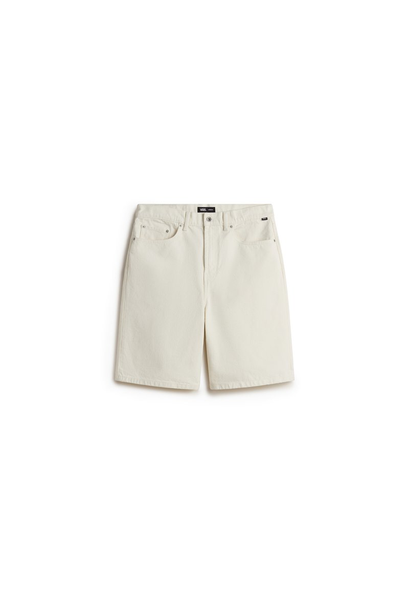 Weiße Denim-Shorts mit geradem Schnitt, ausgestattet mit einem Knopfverschluss, fünf Taschen und feiner Textur. Fächer für Funktionalität und Komfort.