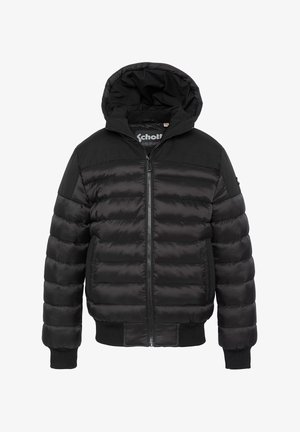 Veste matelassée noire avec fermeture éclair à l'avant, capuche avec cordon de serrage et poignets côtelés. Présente un mélange de matériaux brillants et mats avec un design matelassé horizontal.