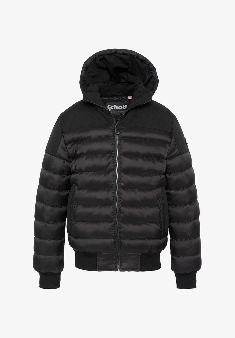 Veste matelassée noire avec fermeture éclair à l'avant, capuche avec cordon de serrage et poignets côtelés. Présente un mélange de matériaux brillants et mats avec un design matelassé horizontal.