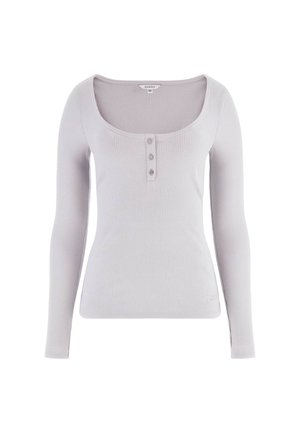 Haut à manches longues côtelé gris clair avec encolure dégagée et trois petits boutons sur la patte de boutonnage avant.