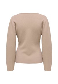 Pull beige à manches longues avec un design simple, vu de dos, avec un ourlet droit et sans motifs ni embellissements visibles.