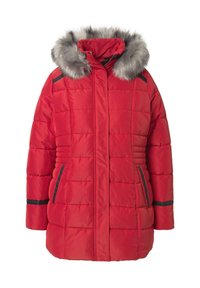 Giacca a vento rossa con cappuccio in pelliccia sintetica, texture trapuntata, chiusura con zip, tasche laterali e dettagli neri sui polsini e sui lati.