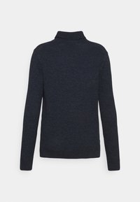 Pull en maille bleu marine foncé à manches longues avec un col côtelé haut, vu de dos sur un fond clair uni.