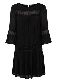 Robe noire longueur genou avec panneaux en dentelle florale sur la poitrine, les manches et la taille, manches évasées 3/4 et encolure ronde.