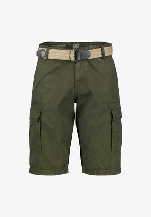 Olive green cargo shorts with a textured finish. Includes two side pockets and a tan woven belt with a black buckle. Adjustable waist.