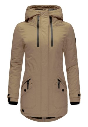 Beige parka-jacka med huva, två framfickor med dragkedja och svarta detaljer på dragkedjor och ärmslut. Slät, texturerad tyg.
