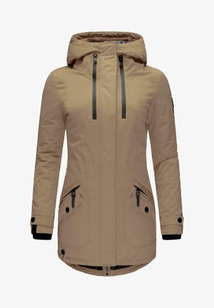 Beige Parka-Jacke mit Kapuze, zwei vorderen Reißverschlusstaschen und schwarzen Akzenten an Reißverschlüssen und Bündchen. Glattes, strukturiertes Material.