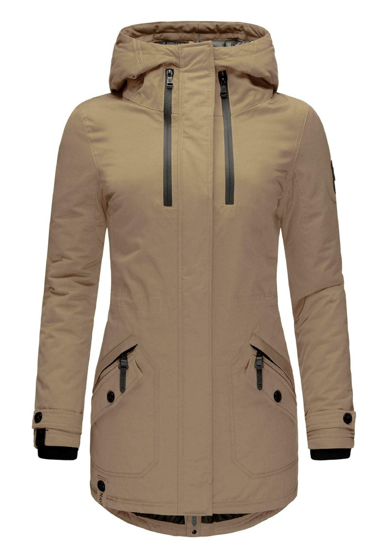Beige parka jacket featuring a hood, two front zippered pockets, and black accents on zippers and cuffs. Smooth, textured fabric.