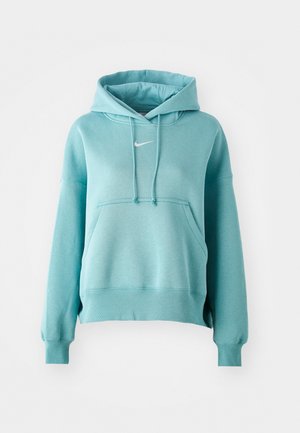 Sudadera con capucha en color turquesa, con un bolsillo tipo canguro, puños y dobladillo acanalados. Presenta un pequeño logo blanco de Nike en el pecho.