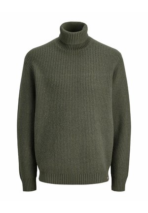 Groene geribbelde Coltrui gemaakt van gestructureerde brei stof, met lange mouwen en een fitted zoom.