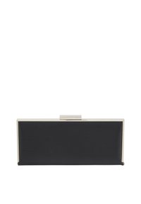 Fekete, elegáns, téglalap alakú clutch táska, texturált anyagból, fémből készült kerettel és sima csattal. Minimalista dizájn.