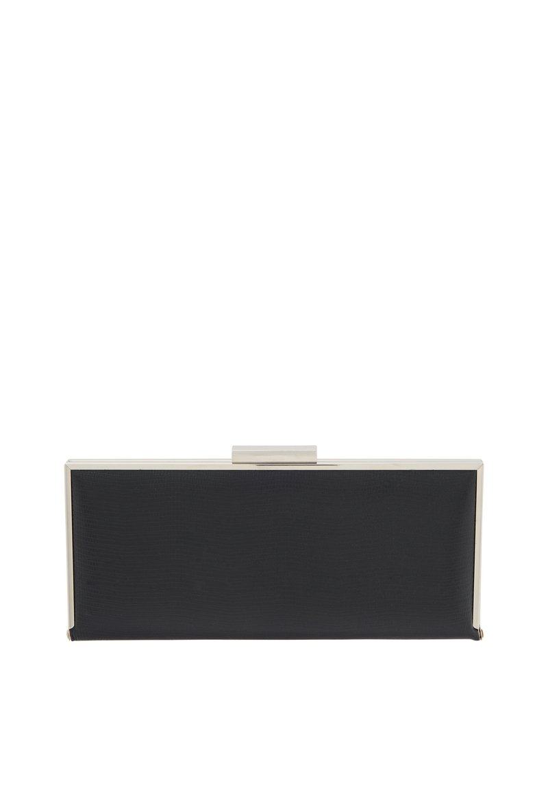 Fekete, elegáns, téglalap alakú clutch táska, texturált anyagból, fémből készült kerettel és sima csattal. Minimalista dizájn.