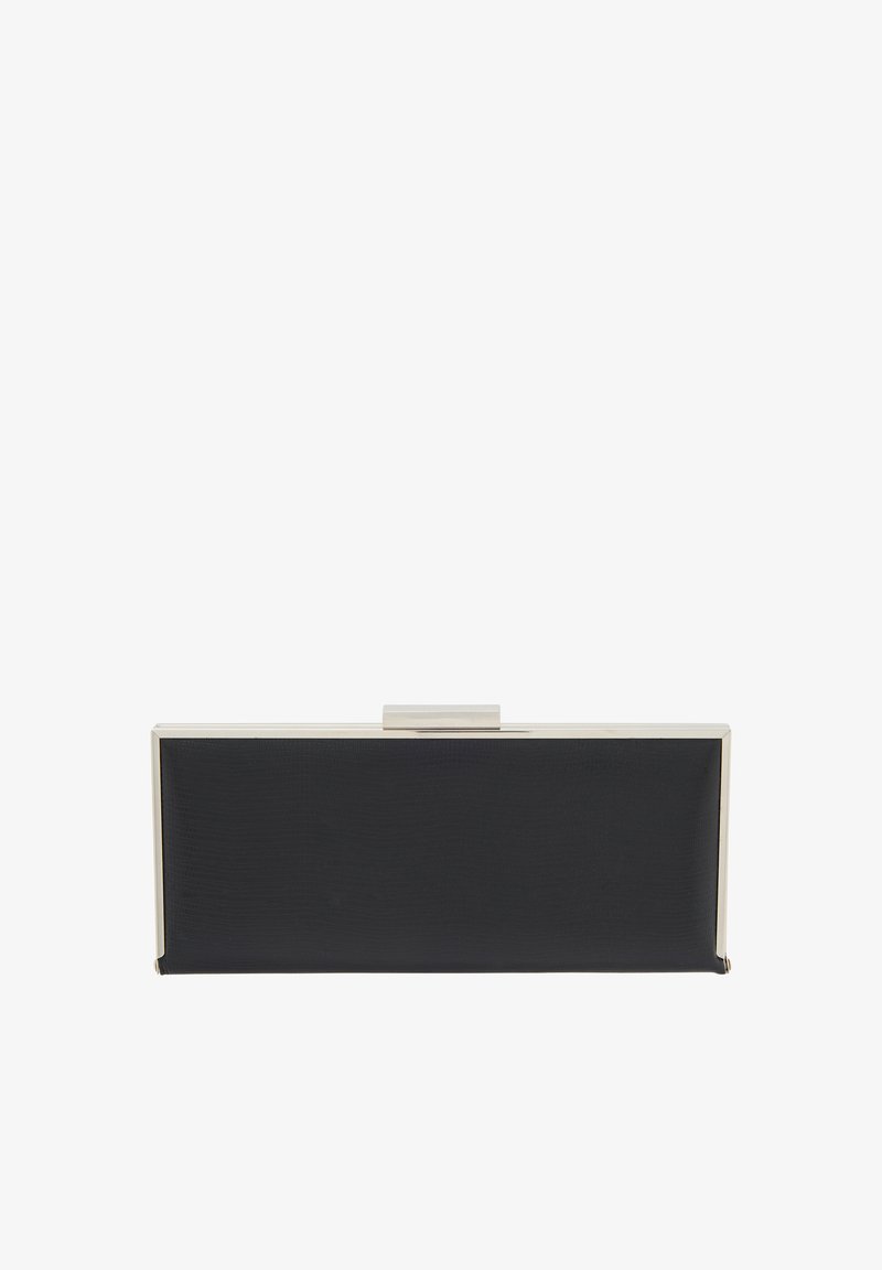 Fekete, elegáns, téglalap alakú clutch táska, texturált anyagból, fémből készült kerettel és sima csattal. Minimalista dizájn.