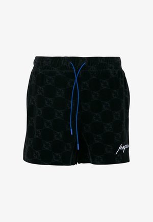 Fekete bársonynadrág geometriai mintával, elasztikus derékpánt kék húzózsinórral és fehér hímzett logóval az elején.