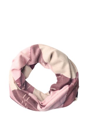 Bufanda infinita de tela suave con patrones geométricos en rosa, beige y granate, dispuestos en forma circular sobre un fondo blanco.
