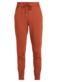 Rostfärgade joggerbyxor med dragsko i midjan, plisserad front, slät textur och avsmalnande ben, tillverkade av ett mjukt och elastiskt tyg.