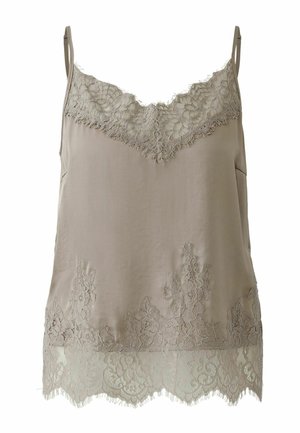 Spitzenbesetztes Top in hellem Taupe, mit zarter Blumen-Spitze entlang des Ausschnitts und Saums sowie verstellbaren Spaghettiträgern.
