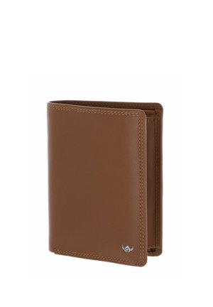 Portefeuille bifold en cuir marron avec coutures visibles et petit emblème argenté de casque viking dans le coin inférieur.
