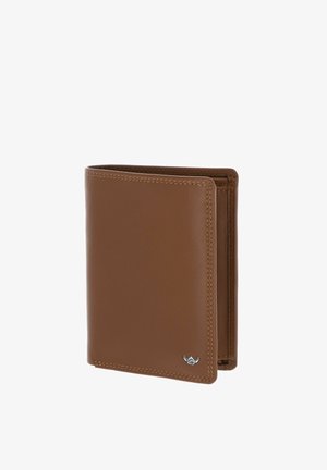 Portefeuille bifold en cuir marron avec coutures visibles et petit emblème argenté de casque viking dans le coin inférieur.