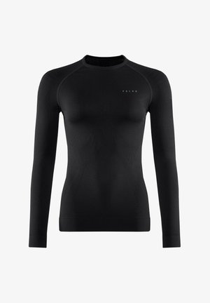 Schwarzes langärmliges Untershirt aus elastischem, strukturiertem Material mit taillierter Passform, das ein dezentes Logo auf der Brust trägt.