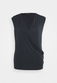 Navy ärmelloses Oberteil mit V-Ausschnitt, drapierten Details auf der Vorderseite und glatter Textur. Aus weichem Stoff gefertigt, ideal zum Schichten.