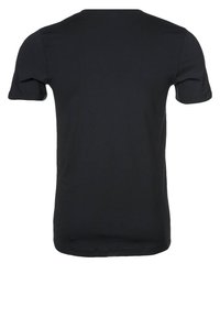 T-shirt noir à manches courtes en tissu doux et lisse. Encolure ronde classique avec un design simple et épuré sans graphiques visibles.