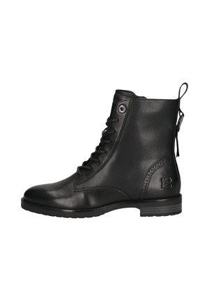 Black leather ankle boot with lace-up front and side zipper. Features a brogue accent on the side and a textured rubber sole.