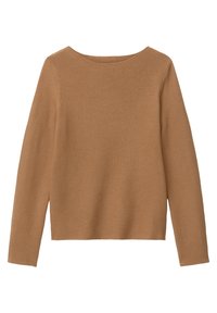 Brązowy sweter dziany z długimi rękawami, okrągłym dekoltem i prążkowaną fakturą. Prosty dół na wysokości talii, minimalistyczny design.