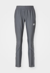 Graue Sporthose mit elastischem Bund, tailliertem Schnitt und einem weißen Under Armour-Logo am linken Oberschenkel. Glatter, leichter Stoff.