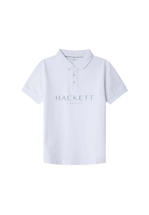 Polo blanc en coton, avec un col classique, deux boutons au cou et un logo brodé bleu qui indique "HACKETT LONDON".