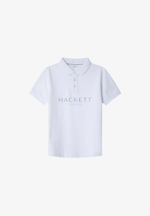 Maglietta polo bianca in cotone, con colletto classico, due bottoni al collo e un logo ricamato blu che recita "HACKETT LONDON."
