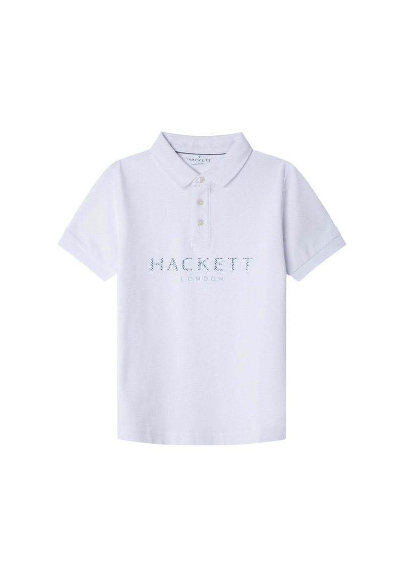 Biela polo košeľa z bavlny, so klasickým golierom, dvoma gombíkmi pri krku a modrým vyšívaným logom s nápisom "HACKETT LONDON."