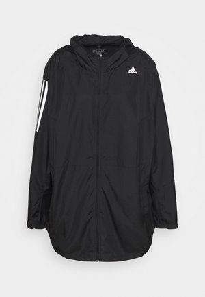Schwarze Adidas Kapuzenjacke mit durchgehendem Frontreißverschluss, weißem Logo auf der Brust und drei weißen Streifen am linken Ärmel.