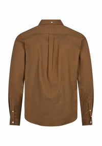 Brown long-sleeve shirt with a back pleat, buttoned cuffs, and a spread collar. Made from a textured fabric.