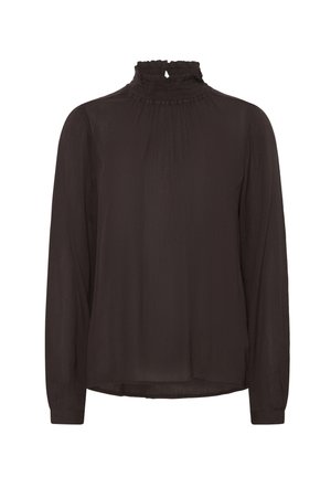 Blusa negra con un cuello alto y con volantes, mangas largas y detalles plisados en la parte delantera. Confeccionada en una tela ligera y texturizada.