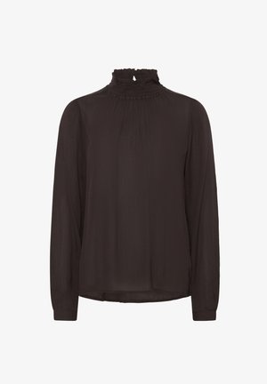Black blouse with a high, ruffled neckline, long sleeves, and pleated detailing along the front. Made from a lightweight, textured fabric.