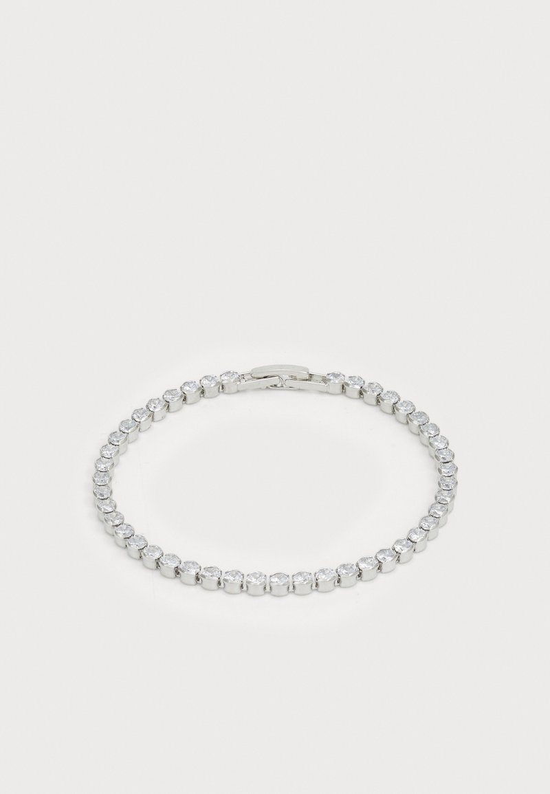 Silver bracelet featuring a row of round clear rhinestones, interconnected with small metal links and a clasp closure.