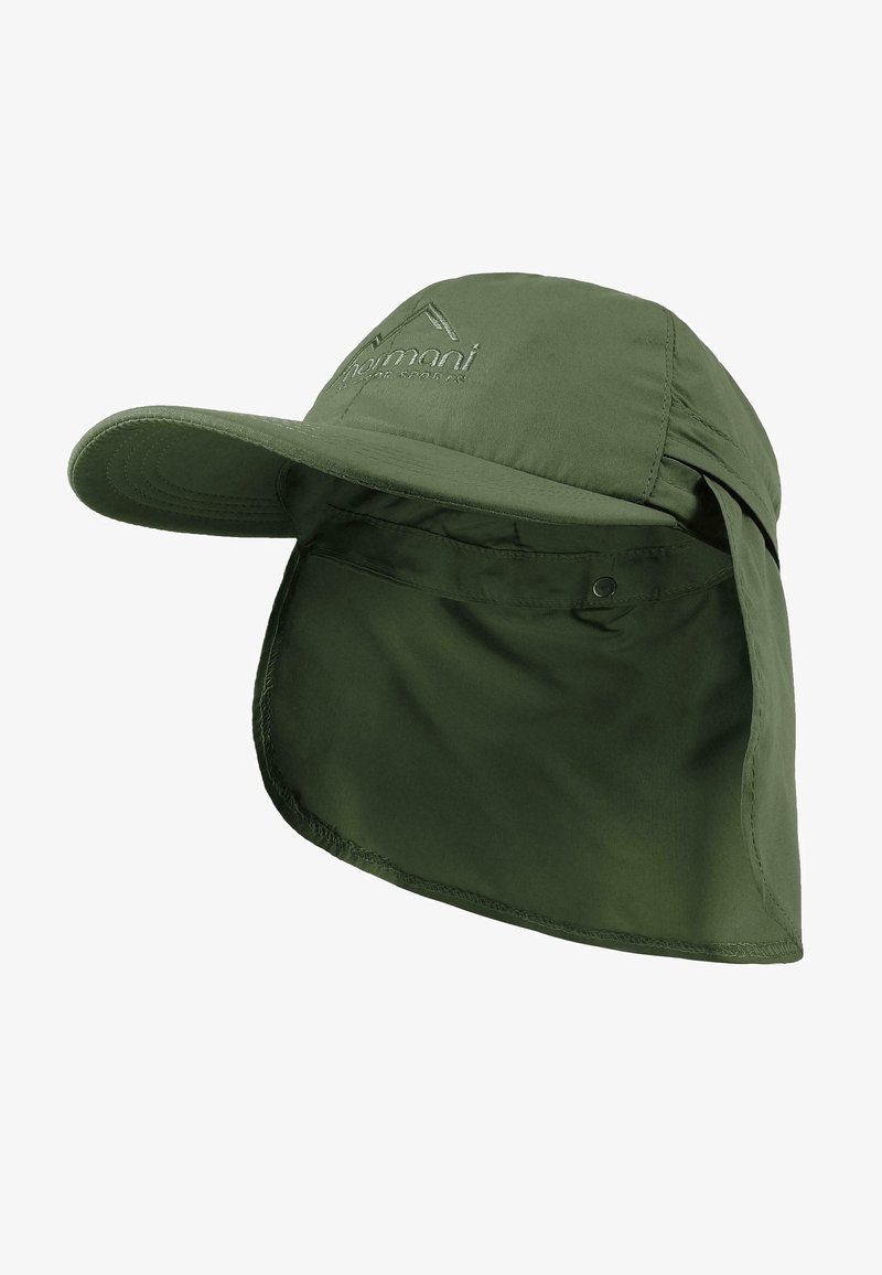 Grüne Außenkappe mit breiter Krempe und abnehmbarem Nackenlapel. Hergestellt aus leichtem Stoff, mit genähten Akzenten und Logo.