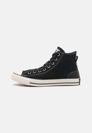 Zapatillas altas negras de lona, con ojales de metal, puntera de goma blanca y costuras blancas en contraste. Etiqueta de la marca sutilmente visible.