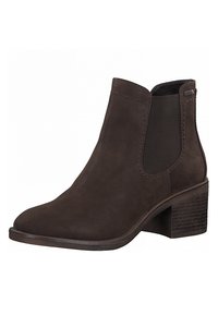 Bottine en cuir marron foncé avec panneau latéral élastique et talon bloc empilé.